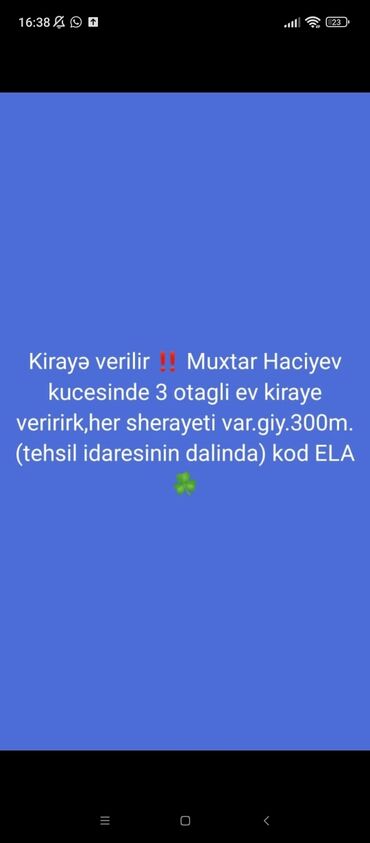 Uzunmüddətli kirayə mənzillər: Kirayə verilir !! Muxtar Hacıyev küçəsində 3 otaqlı ev kirayə verilir