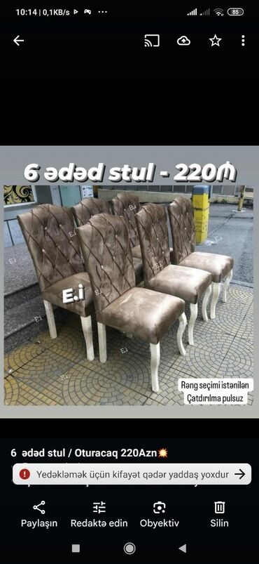 Masa və oturacaq dəstləri: Qonaq otağı üçün, Yeni, Açılmayan, Dördbucaq masa, 6 stul — 18