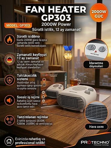 PROTECHNO Fan Heater GP303 – 2000W güc Xüsusiyyətlər: - Sürətli