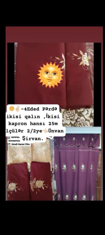 Sandıqlar: 4 ədəd pərdə dəsti: - 2 ədəd qalın pərdə - 2 ədəd kapron pərdə - Hər