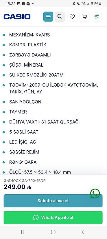 saat satisi: İşlənmiş, Qol saatı, G-Shock, rəng - Qara — 7