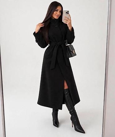 vumen sikret neseseri: Ženski elegantni kaput sa pojasom i visokim kragnom - Dužina: midi — 2