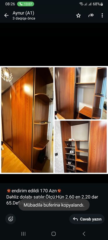ğünəş paneli: 🐞endirim edildi 170 Azn🐞 Dəhliz dolabı satılır.Ölçü:Hün 2.60 en 2.20