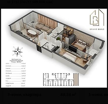 2 8: 3 комнаты, 88 м², Золотой квадрат Элитка, 8 этаж, ПСО (под самоотделку) — 2
