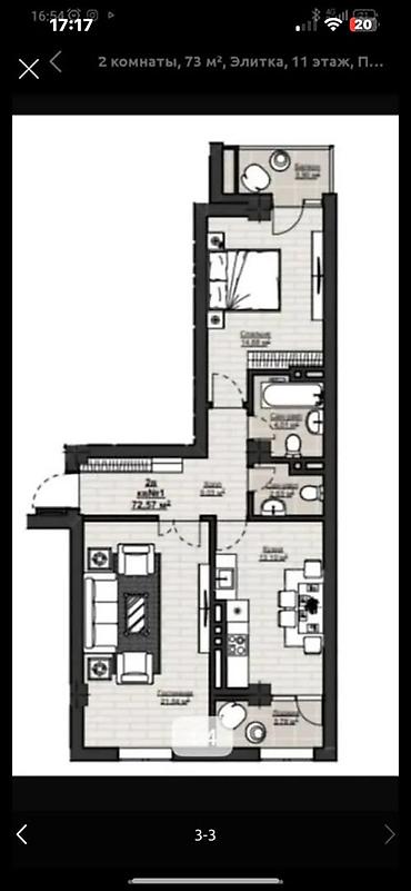 11: 2 комнаты, 73 м², Асанбай мкр Элитка, 11 этаж, ПСО (под самоотделку) — 3