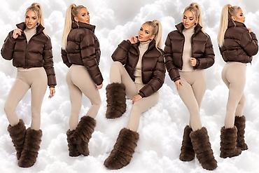 Ženska kraća puffer jakna – tamno braon - Krojen kratki model do
