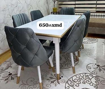 mdf panel: 6 nəfərlik yemək dəsti - Masa: Parlaq ağ üst səth, kənarlarda qızılı — 1
