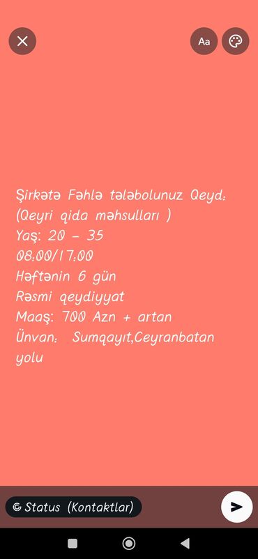Taksi, logistika, çatdırılma: Şirkətə Fəhlə tələbolunuz Qeyd: (Qeyri qida məhsulları ) Yaş: 20 - 35