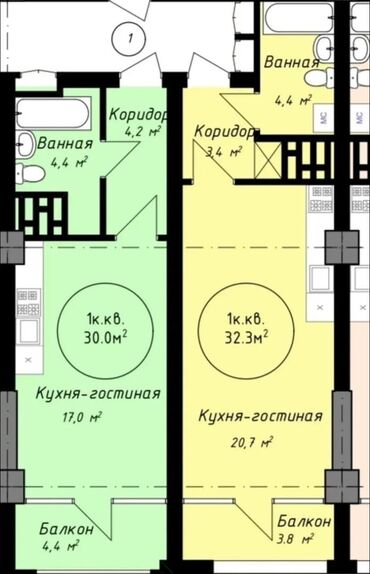 2х комнатные квартиры аренда: 1 комната, 30 м², Элитка, 13 этаж, ПСО (под самоотделку)