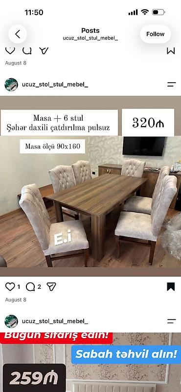 - Yemək otağı dəsti: masa + 6 stul - Masa ölçüsü: 90×160 sm - Şəhər lalafo.az -da - Yemək otağı dəsti: masa + 6 stul - Masa ölçüsü: 90×160 sm - Şəhər