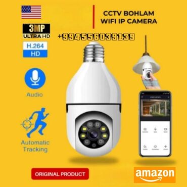 Videomüşahidə: Wifi Lampa E27 3MP 1080p PTZ 360 derece yana döne bilen ve 90 derece