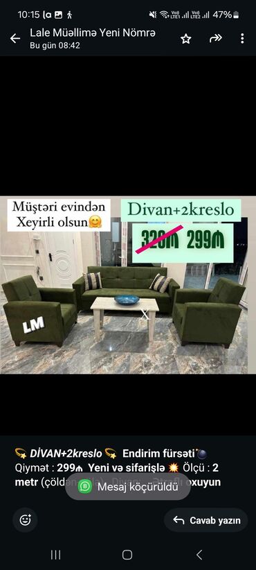 divan kreslo teze: 💫 _*DİVAN+2kreslo*_ 💫 *Endirim fürsəti💣* Qiymət : *299₼* *Yeni və