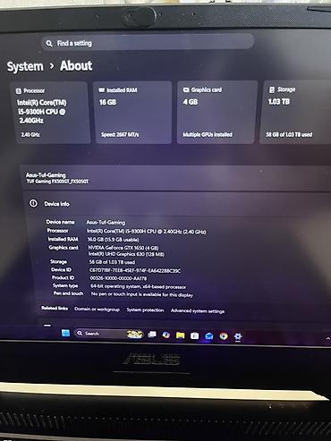 gtx 1050ti: ASUS TUF Gaming FX505GT - Prosessor: Intel Core i5‑9300H, 2.40 GHz - — 4