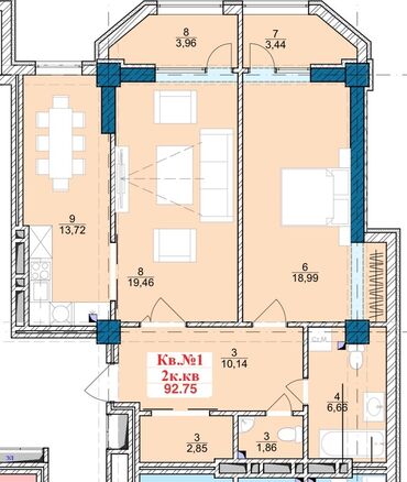 гостинный тип: 2 комнаты, 92 м²