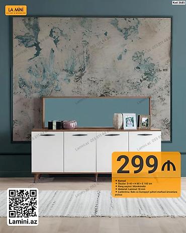 Komodlar: Məhsul: Komod Təsvir: - Minimalist dizaynlı, ağ ön panellər və ağac — 1