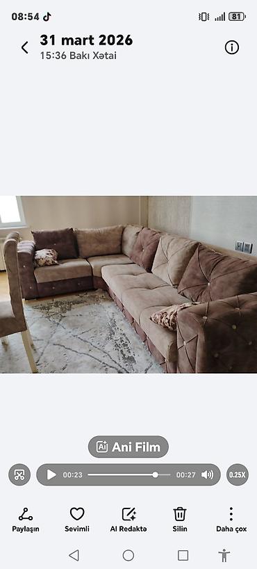 Divanlar: Künc divan – yumşaq süet/parça üzlüklü, iki tonlu (şabalıdı və bej) — 2