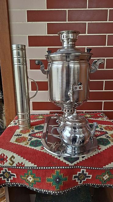 mis samovar: Latun mis samovar - Klassik dizaynlı, parlaq metal örtüklü kömür/soba — 1