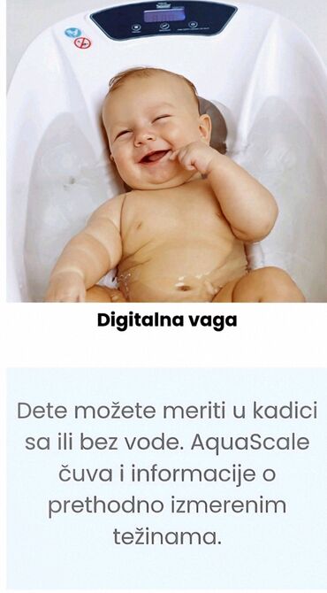 komplet za starije zene: Vagica i kadica koja meri temperaturu vode za kupanje bebe. Ima