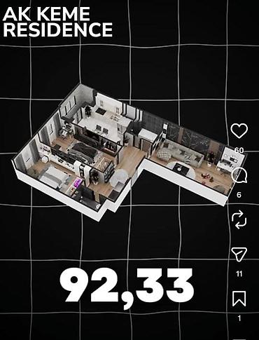 11: 3 комнаты, 92 м², Ак-Кеме Элитка, 11 этаж, ПСО (под самоотделку) — 2
