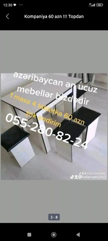 metbex mebelleri ve qiymetleri: Mətbəx üçün, Yeni, Açılmayan, Dördbucaq masa, 4 stul, Azərbaycan