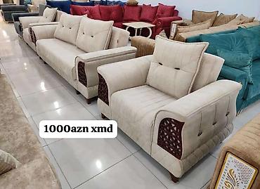 mebel evi: Klassik üslublu dəst: 3 nəfərlik divan + geniş kreslo - Rəng: açıq bej — 1