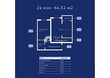 64: 2 комнаты, 64 м², Аэропорт Манас Элитка, 5 этаж, ПСО (под самоотделку) — 2