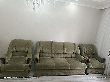 ofis kresloları ucuz: Yaşıl rəngli yumşaq mebel dəsti - Tərkibi: 3 yerlik divan + 2 ədəd — 1