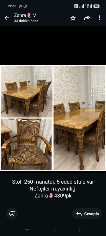 pls 4 qiymeti: Stol -250 manatdi. 5 eded stulu var
Neftçiler m.yaxınlığı
Zəhra🌷4309pk