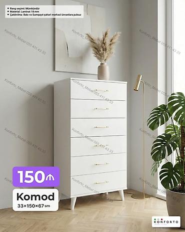 Komodlar: Ağ rəngli 6 çekmecəli komod - Ölçülər: 33 × 150 × 67 sm - Material — 1