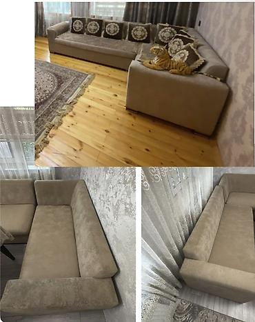divan restoran ucun: Künc divanı – yumşaq bej rəngli məxməri/parça toxuması, müasir minimal — 1