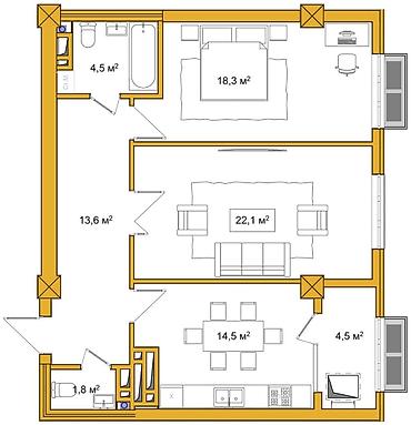 Продажа квартир: 2 комнаты, 79 м², Элитка, 16 этаж, Готовая ПСО (под самоотделку) — 2