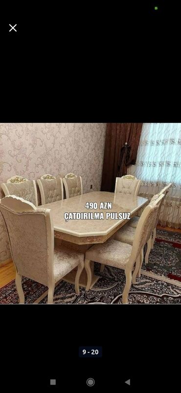 Masa və oturacaq dəstləri: Qonaq otağı üçün, Yeni, Açılmayan, Dördbucaq masa, 6 stul — 3