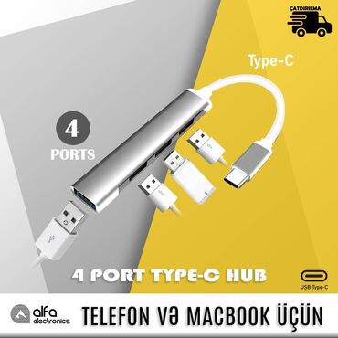 flash kartlar v Azərbaycan | Yaddaş kartları: 4 Port Type-c HUB Type-c to usb Hub Giriş: Type-C Port 1: Usb 3 Port