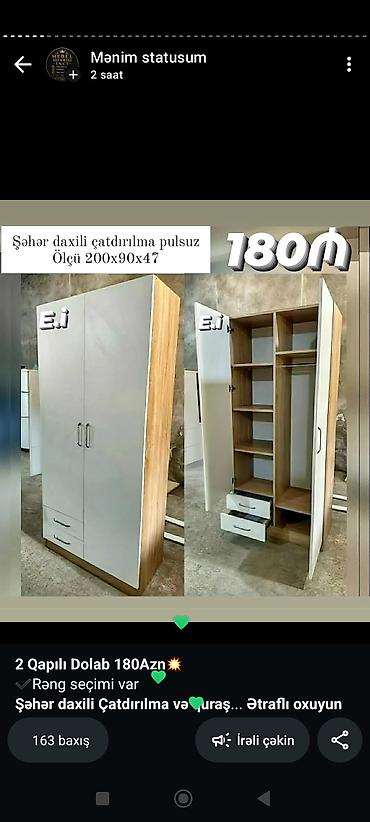 2 qapılı geyim dolabı - Ölçü: 200×90×47 sm - Material: ağ və ağac lalafo.az -da 2 qapılı geyim dolabı - Ölçü: 200×90×47 sm - Material: ağ və ağac
