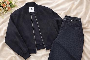 куртка zara: Стильный базовый образ 🔥 Серая укороченная курточка и трендовые брюки — 1