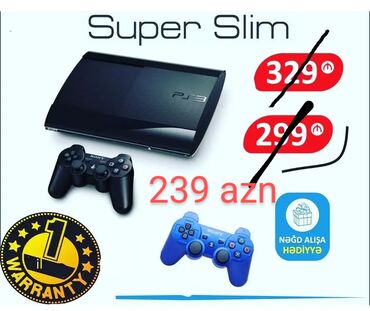 irşad playstation 4: Qara rəngdə olan PlayStation 3 Super Slim oyun konsolu. Komplektə iki