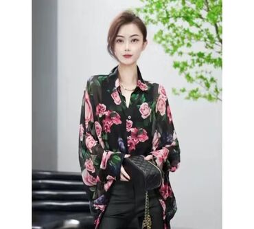 блузка женская размер м: Блузка, Классическая модель, Шифон, В цветочек, Удлиненная модель