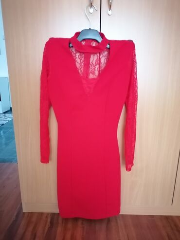 crvena čipkasta haljina: S (EU 36), bоја - Crvena, Koktel, klub, Dugih rukava