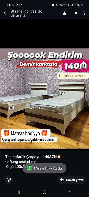 Sifarişlə mebel: *Tək nəfərlik Çarpayı - 140AZN💥* ✔️Rəng seçimi var Ölçü 200x90 — 2