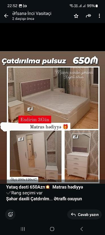 bagca mebel: *Yataq dəsti 650Azn💥 Matras hədiyyə* ✔️Rəng seçimi var *Şəhər daxili — 5