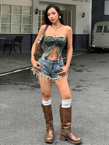 Şortlar: Qadınlar üçün cins şort - 26 Razmer - Model: aşağı bel, mini uzunluq — 4