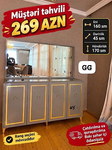 Güzgülü bufet/dresser - Material: şık boz rəngdə korpus, qızılı dekor