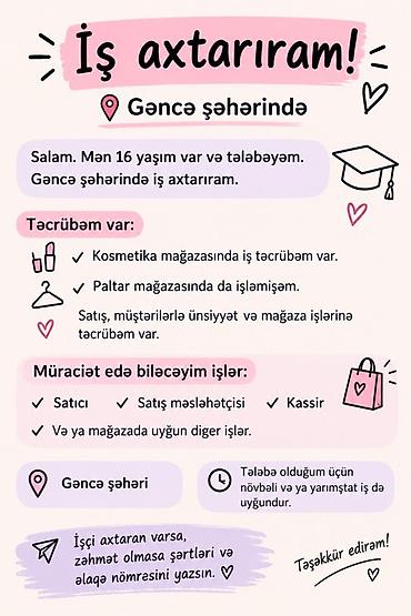 zaprafqa operator isi: Xidmət: Mağaza işi axtaran tələbə Məkan: Gəncə şəhəri Təsvir: - 16 — 1