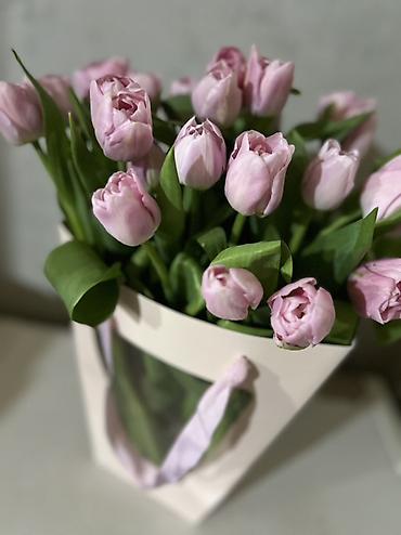 Букеты из живых цветов: Тюльпаны - Сорт: нежно-розовые тюльпаны с мягкой желтой каймой на — 14