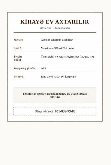 baki bina evi: Xidmət: Kirayə ev axtarışı Axtarılan ərazi: Xaçmaz şəhərinin — 1
