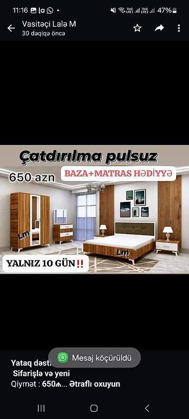 mebel materiali: *Yataq dəsti* *Sifarişlə və yeni* Qiymət : *650₼* Dəstə daxildir — 2