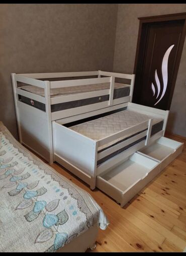 двухъярусные кровати со шкафом: Для девочки и мальчика, Новый, Кровать, С матрасом, С выдвижными ящиками, Дерево