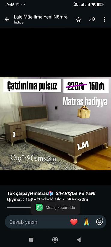 *Tək çarpayı+matras🎁* _*SİFARİŞLƏ VƏ YENİ*_ *Qiymət : 150₼*(1ədədi)