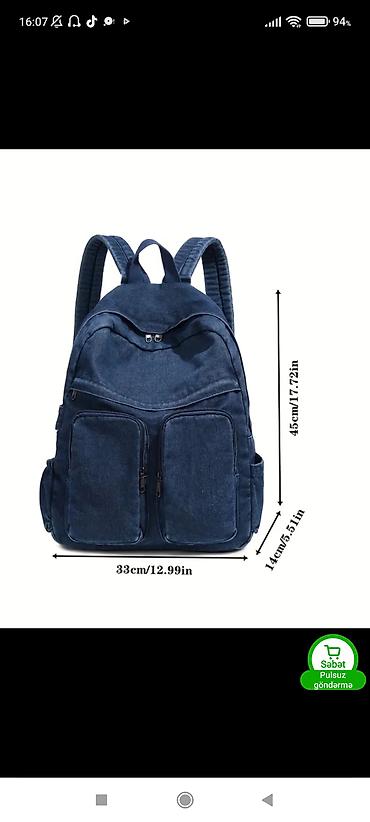 Məktəb çantaları: Məhsul: Denim materialdan gündəlik bel çantası Ölçülər: - Hündürlük — 1