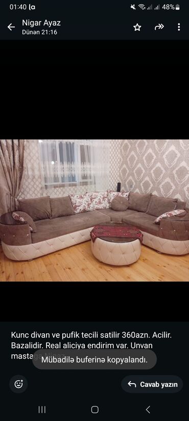 Qonaq otağı dəstləri: Kunc divan ve pufik tecili satilir 360azn. Acilir. Bazalidir. Real